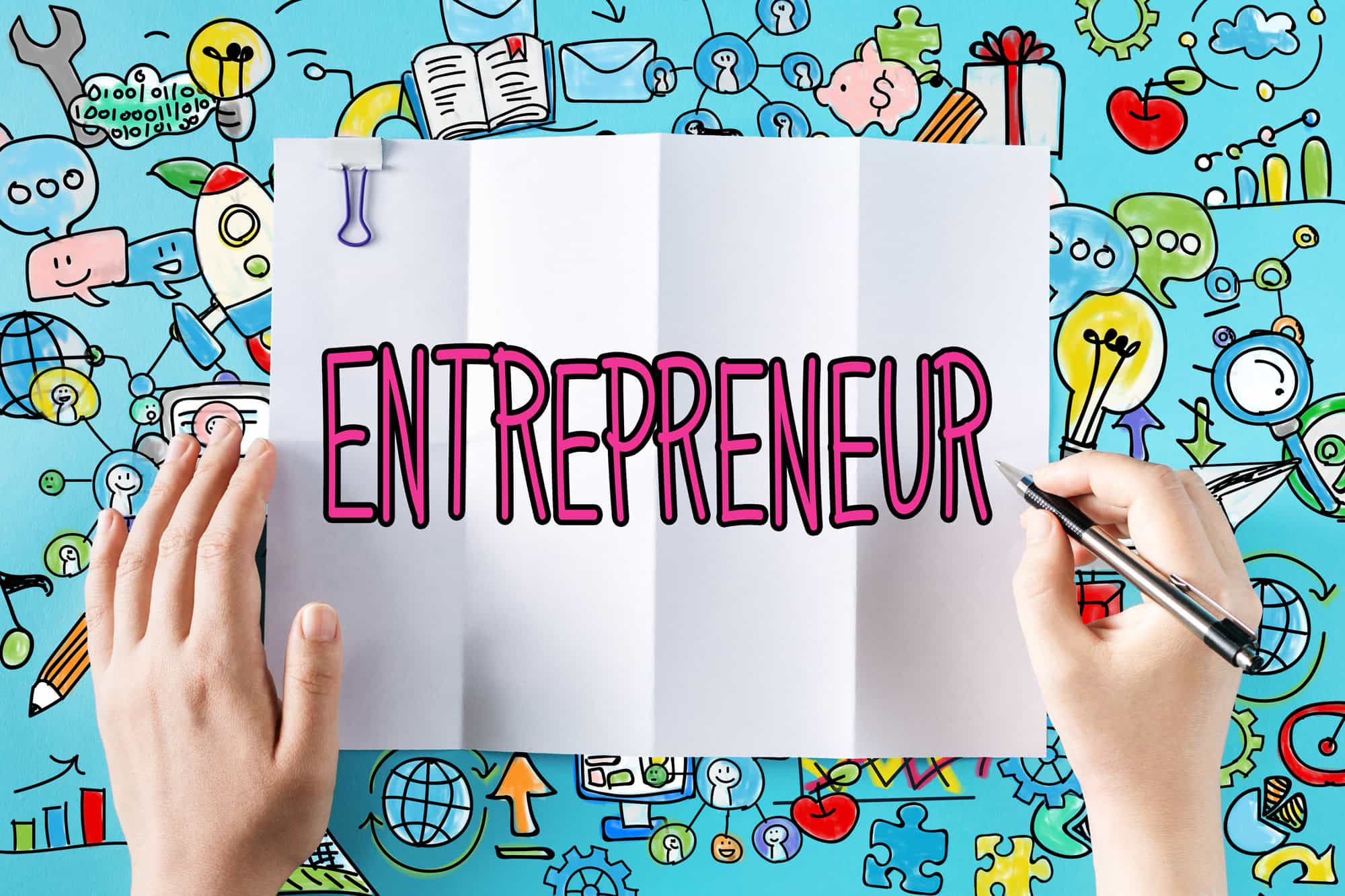 Entrepreneur text with hands and colorful illustrations